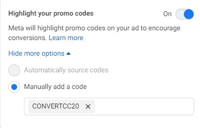 Promo code dashboard in the Ads Manager dashboard