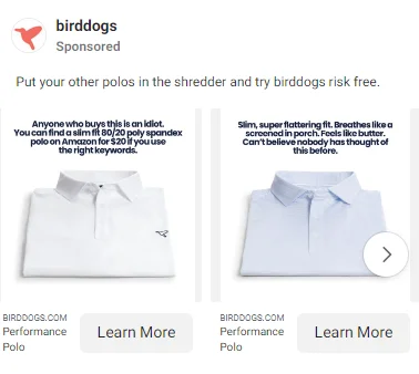 Ideal eCommerce Facebook ad carousel example from Birddogs