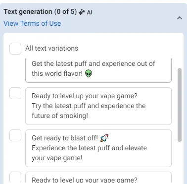 Text variation enhancement eCommerce Facebook ads