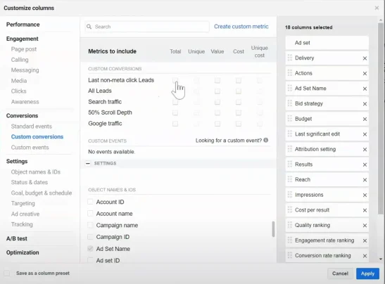 Custom metric to track conversions from sources that don't belong to Facebook or Meta