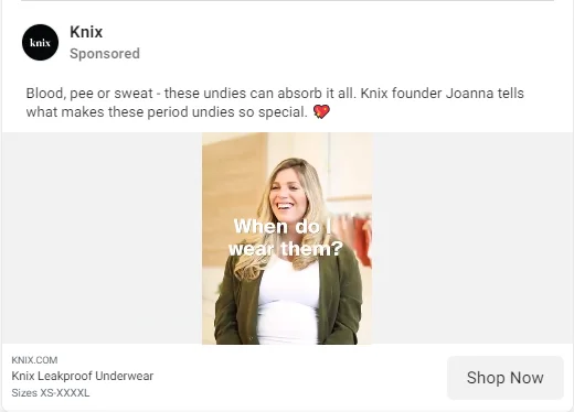 Funder's story framework eCommerce Facebook ad example