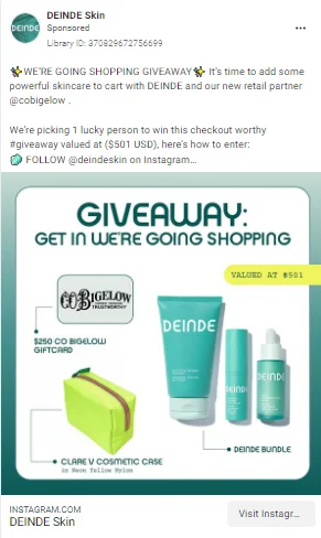Giveaway eCommerce Facebook ad example
