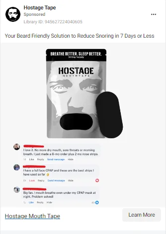 eCommerce Facebook ad with social proof in the form of comments
