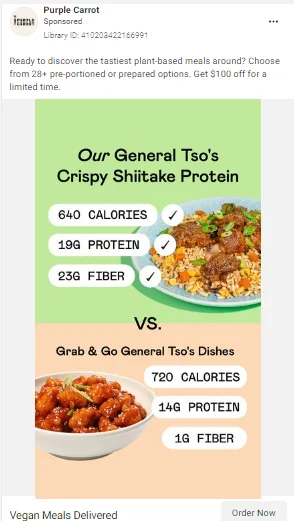 Purple Carrot's high-converting ecommerce facebook ad example