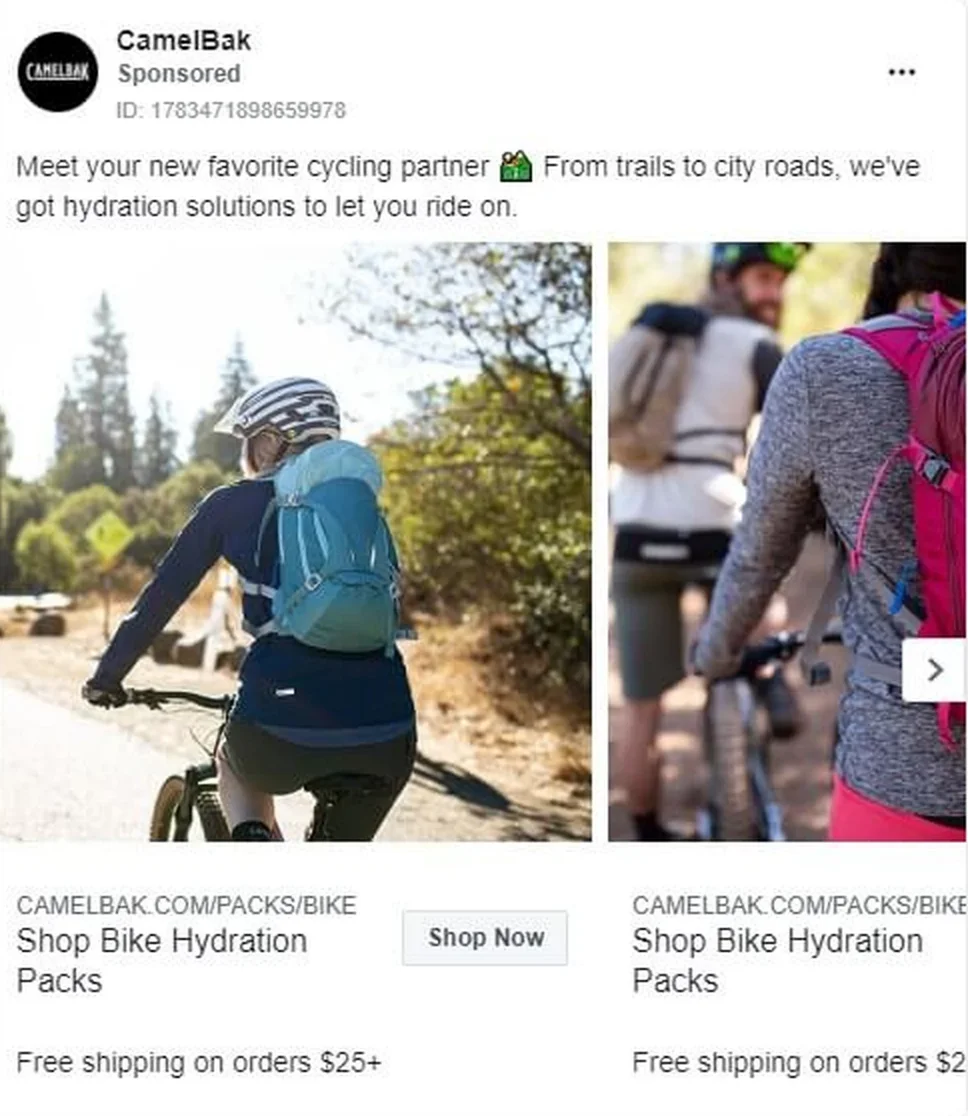 Camelbak's eCommerce Facebook ad example