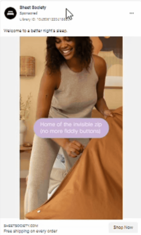 eCommerce Facebook ad example with multiple creatives for A/B testing