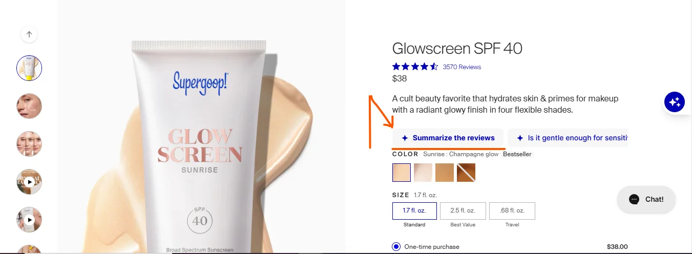 AI making shopping frictionless for shoppers on Supergoop's product page