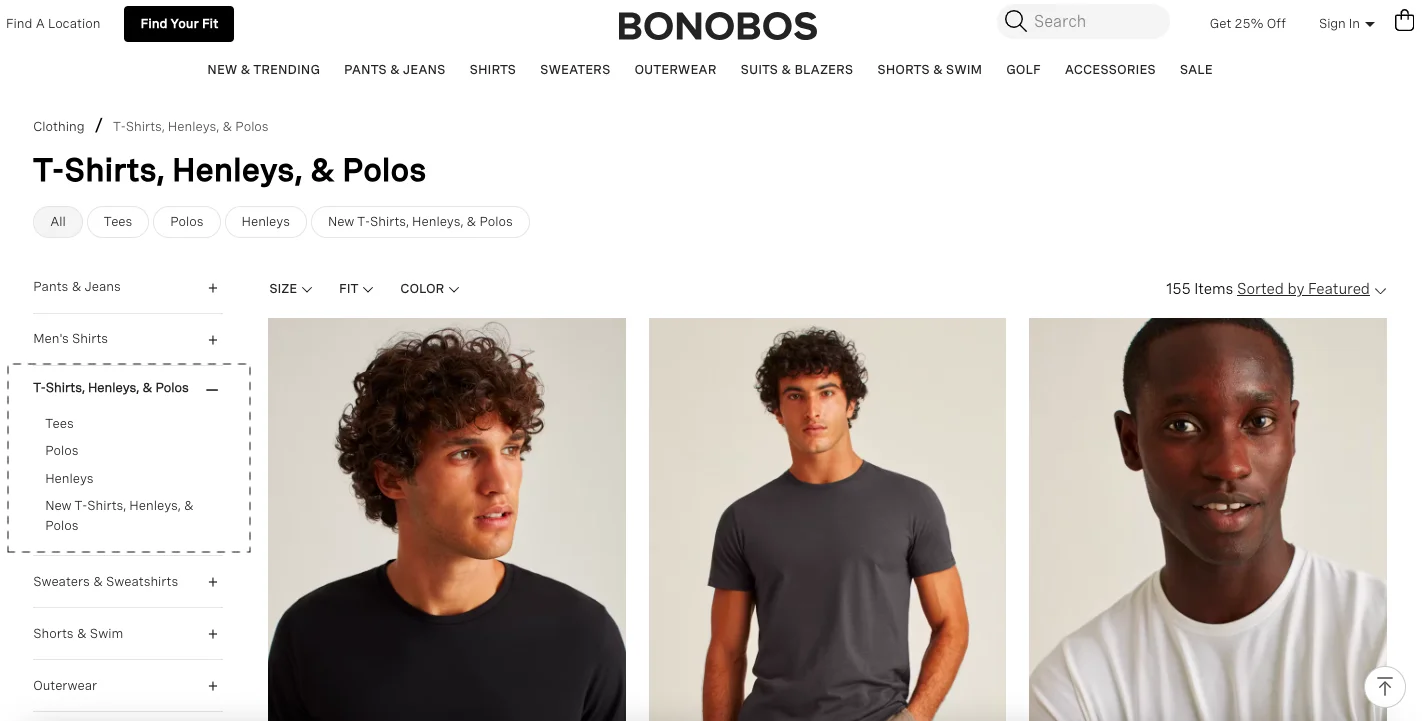 Bonobos displays narrow facets for more populated categories 