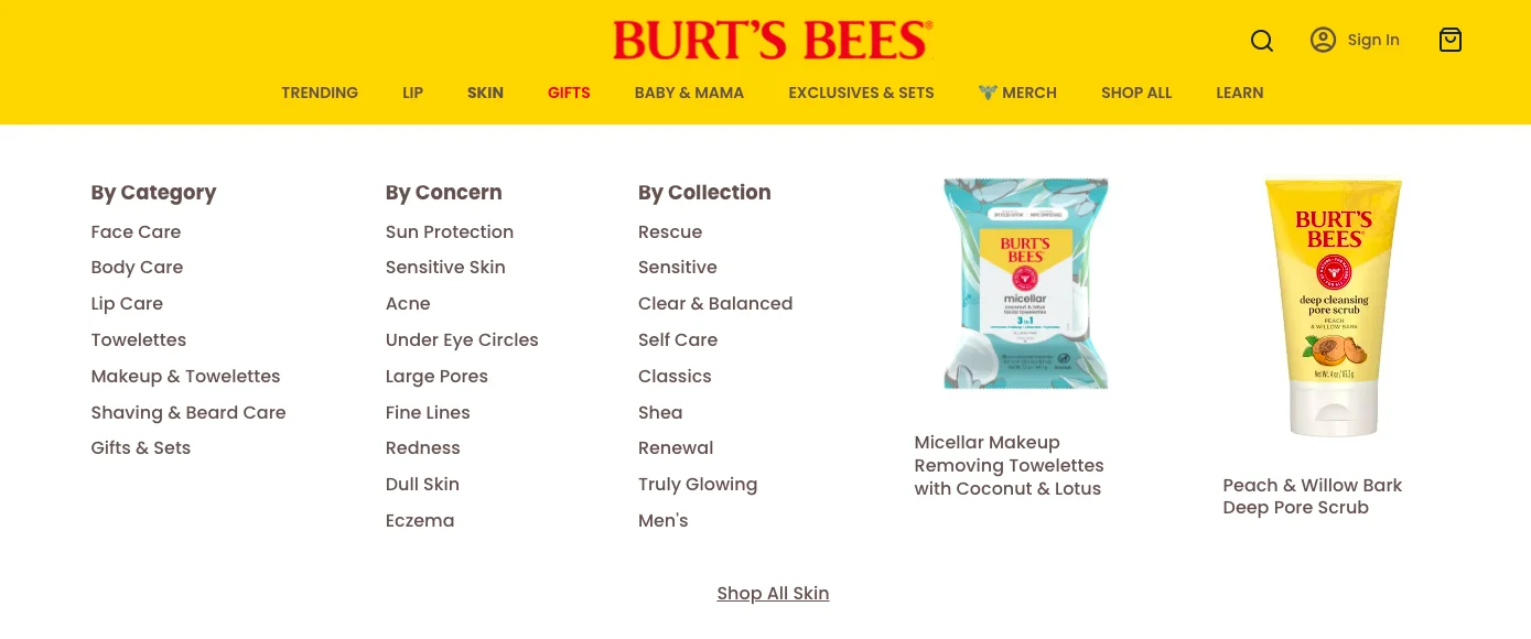 Burt's Bees brings in intuitive hierarchy to make their eCommerce categories list more accessible