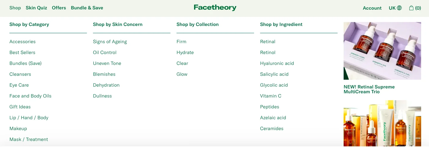 Facetheory uses multiple attributes in their primary menu to enhance product categorization
