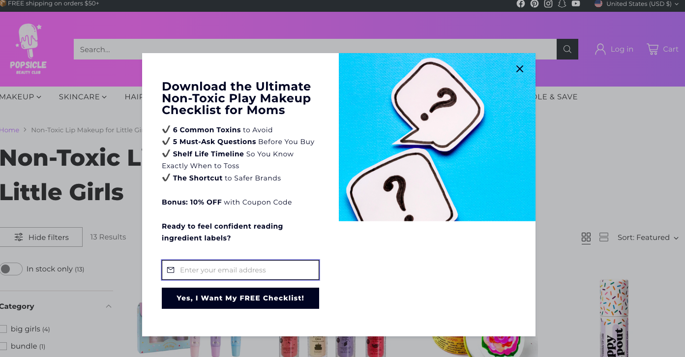Popsicle Beauty landing page popup example