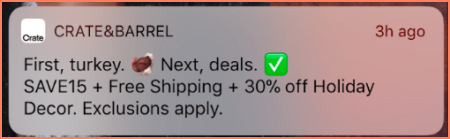 Crate & Barrel Thanksgiving Push Notification