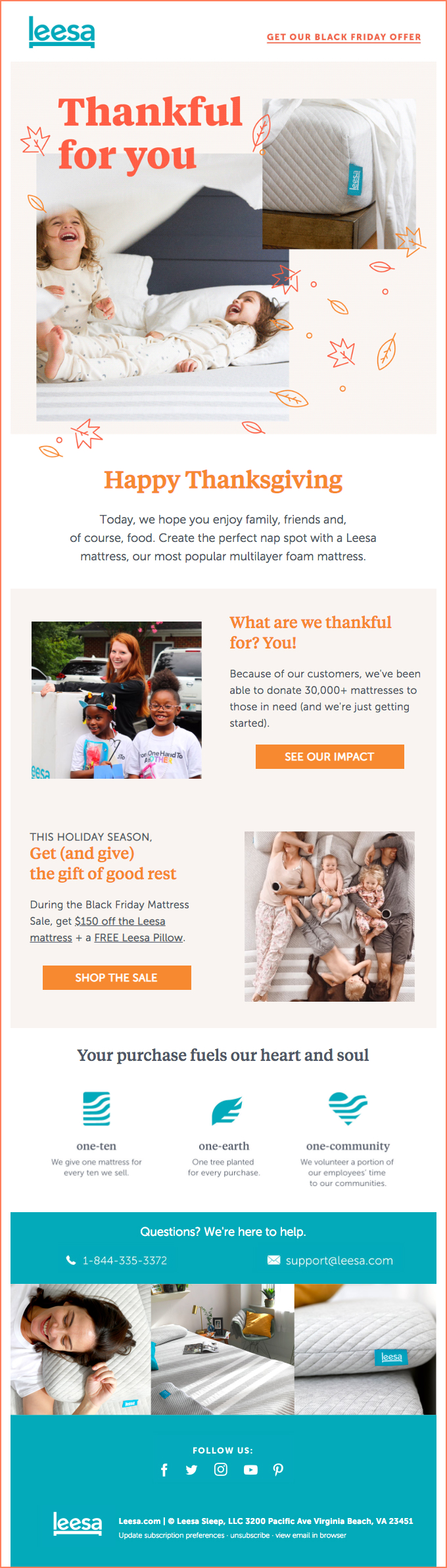 Leesa Thanksgiving/Black Friday Offer email