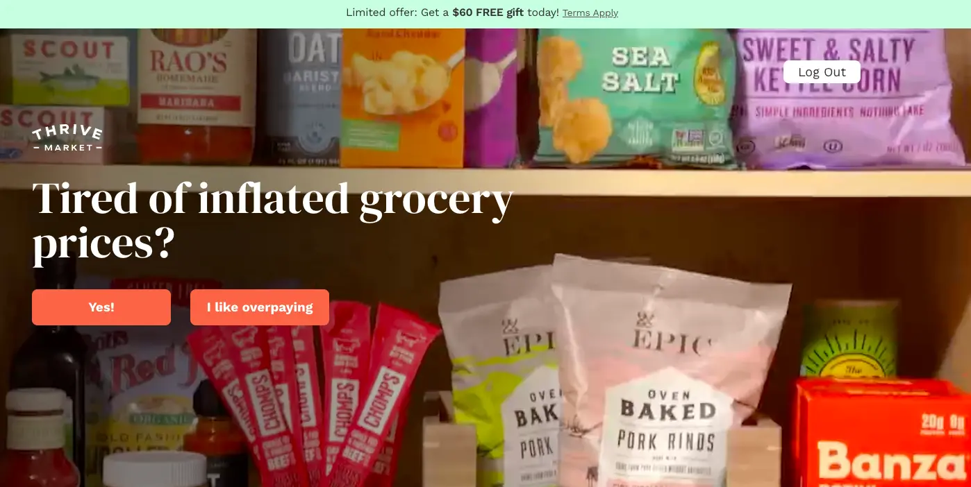 Thrive Market features interesting CTAs to inspire action and improve grocery shopping conversions