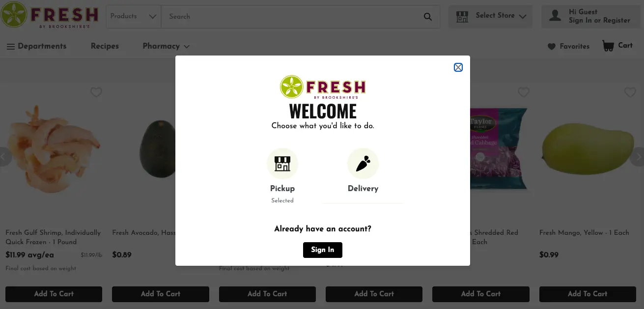 Fresh by Brookeshire's options to choose home delivery and pickup and increase grocery conversion rate