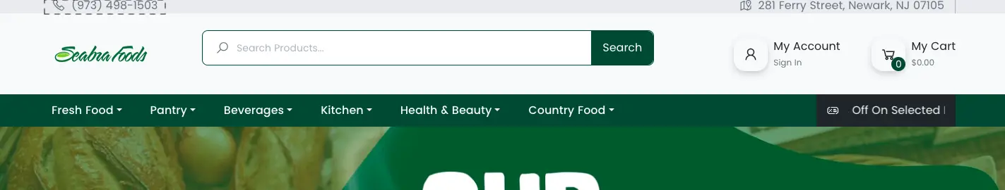 Seabra Foods features their tele helpline prominently on the header to improve eCommerce grocery conversions