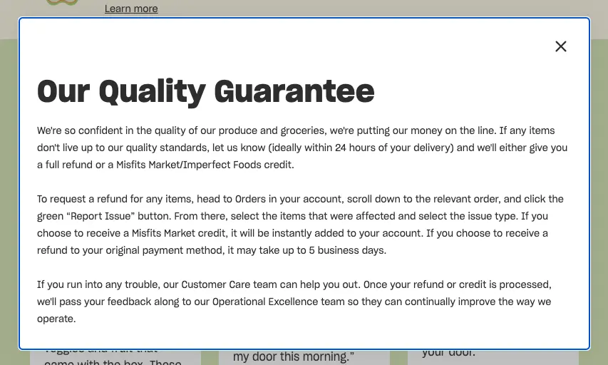 Misfits Market explains their quality guarantee to improve grocery conversion rate