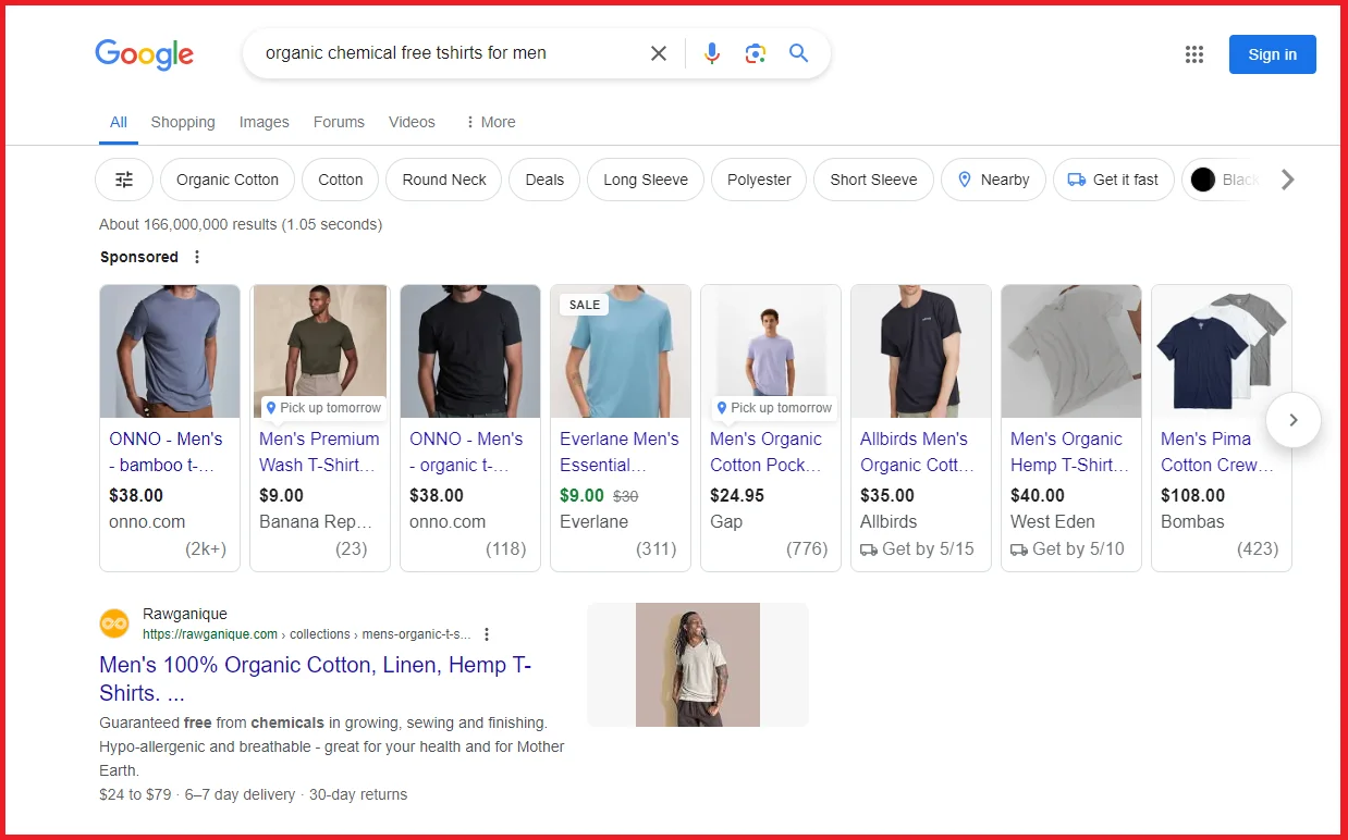 SERP for high-intent traffic driver keyword "organic checmical free tshirts for men"