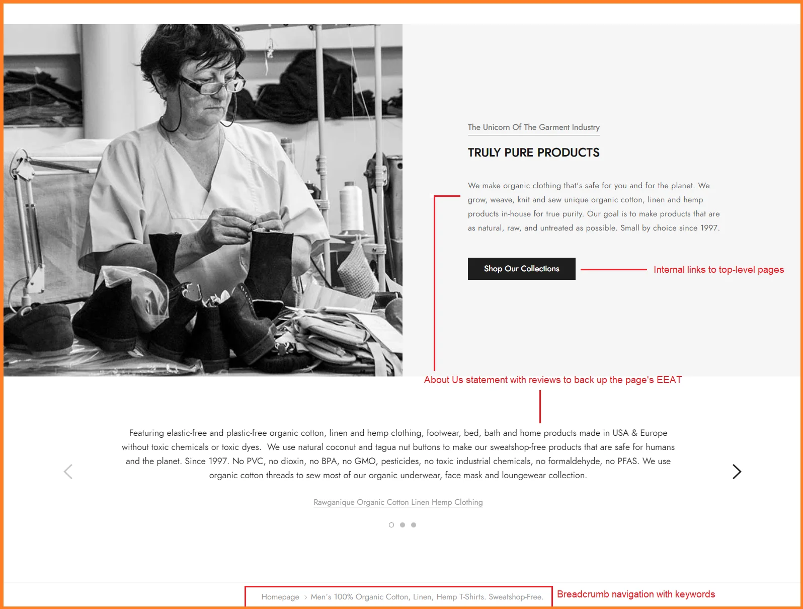 Removes distractions but maintains content depth with About-us and reviews