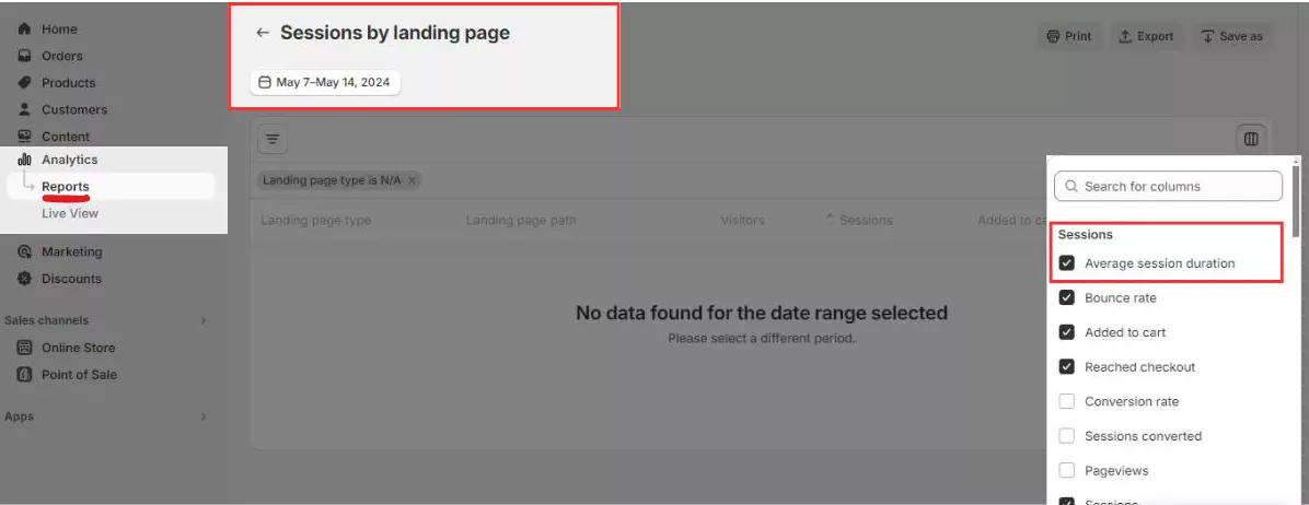 How to find average session duration by page on Shopify Analytics