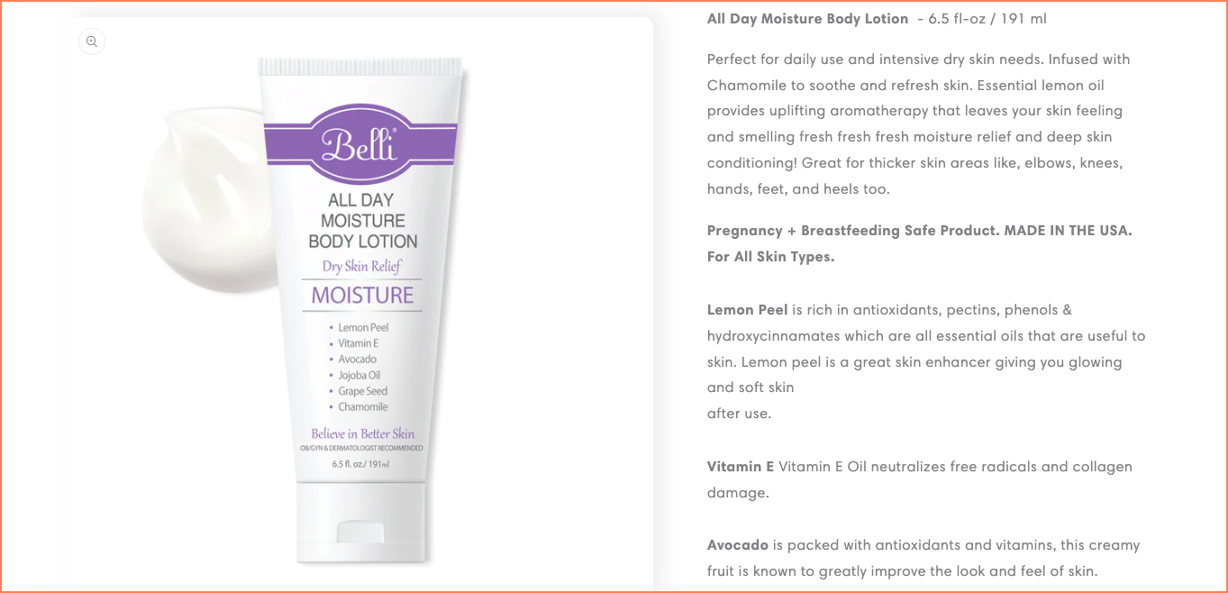 Belli Skincare highlights their brand USP across their product pages
