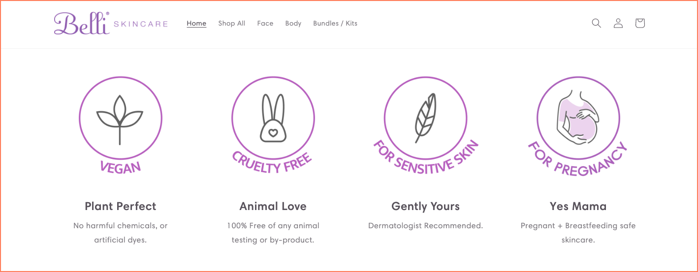 Belli Skincare highlights their brand USP across their product pages