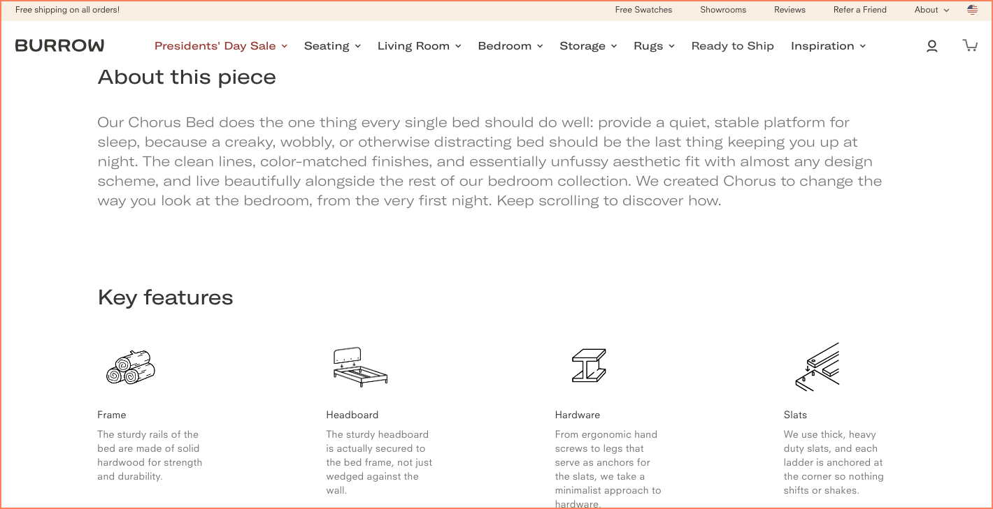 Burrow ensures shoppers find it easy to go through product information