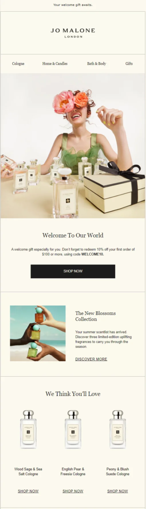 Welcome email with beauty discount for happy shoppers