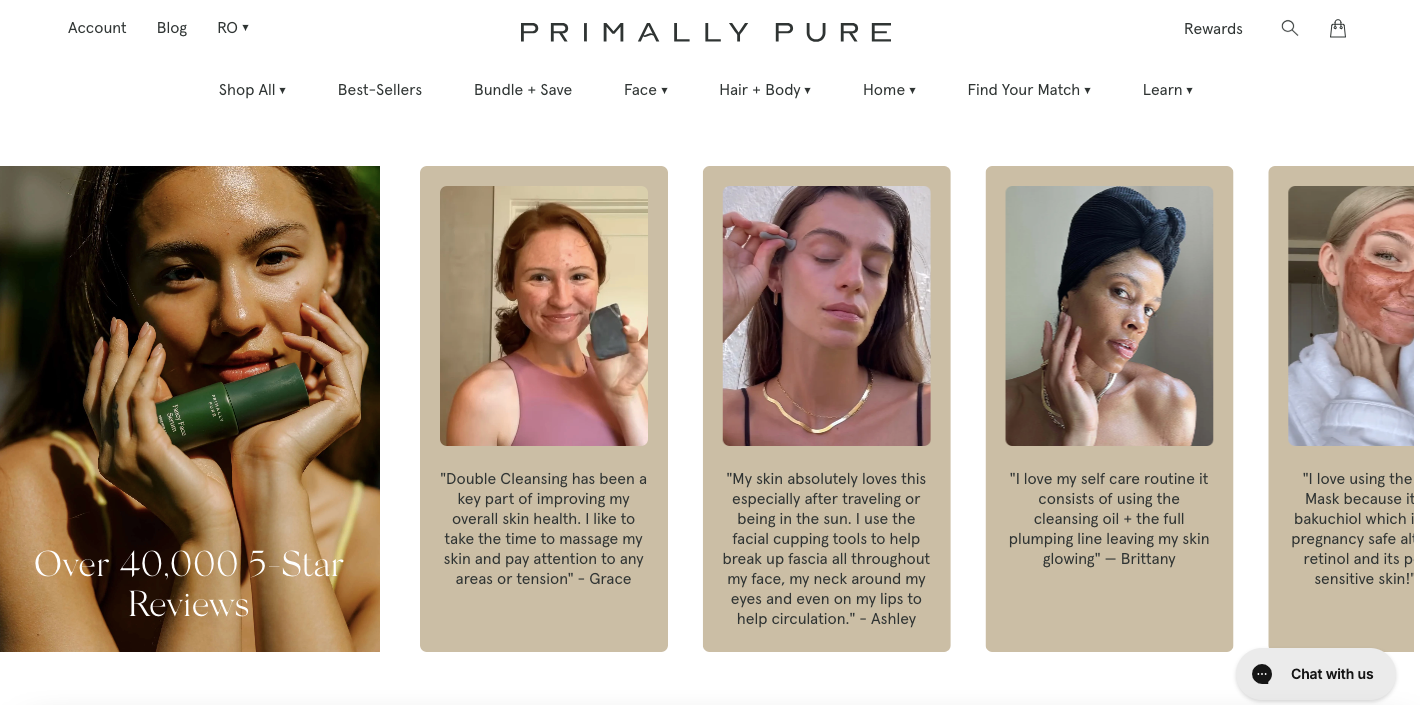 beauty eCommerce social proof by primally pure on their homepage
