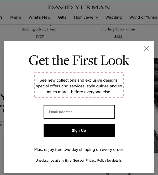 How to market jewelry online I David Yurman opt-in example