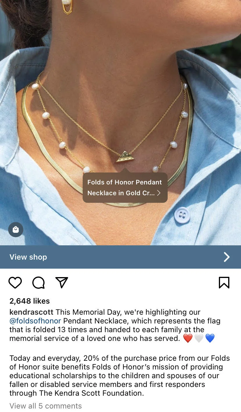 Kendra Scott features collaborative content for jewelry promotions during Memorial Day