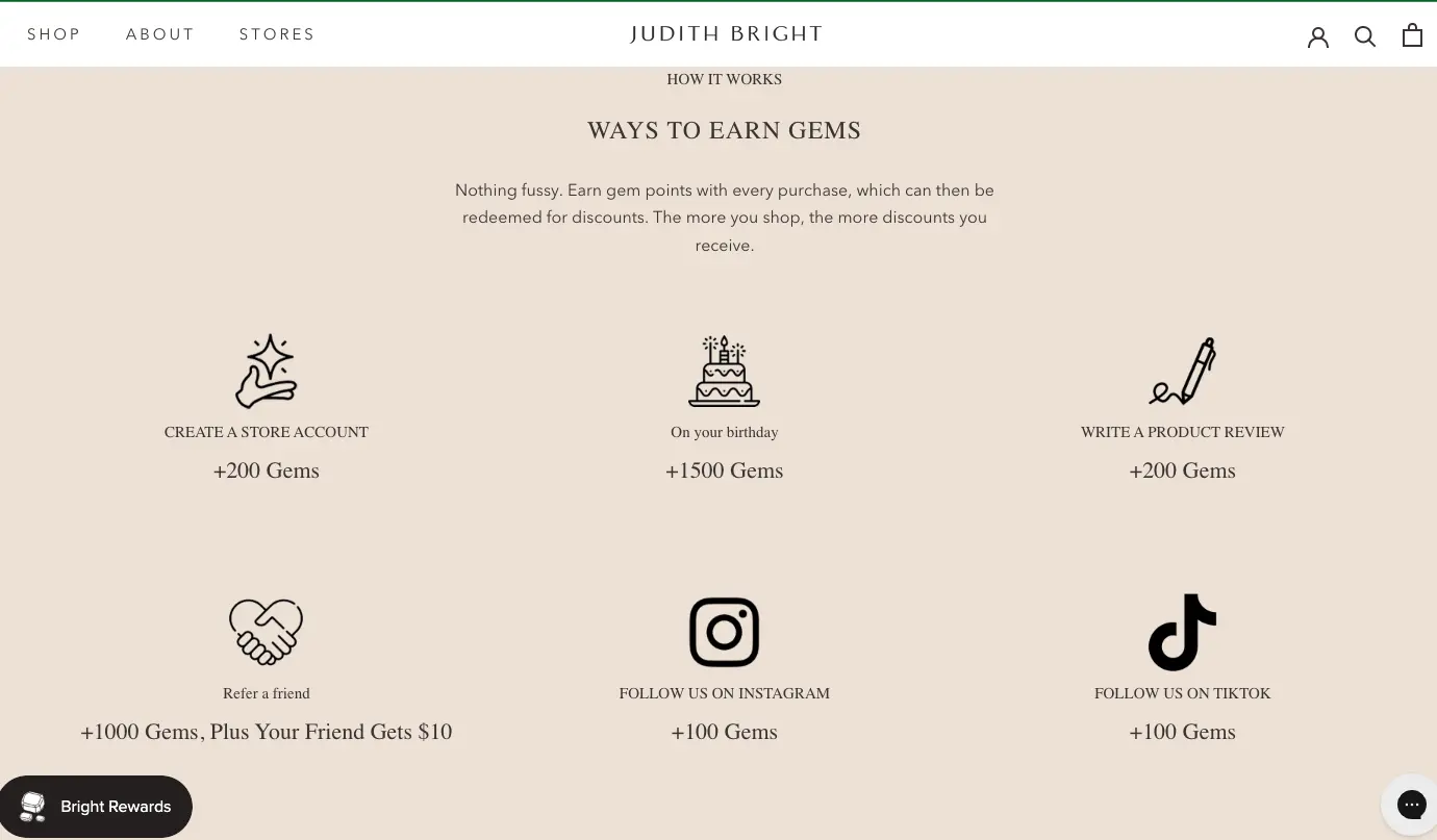 Judith Bright loyalty program for eCommerce jewelry marketing