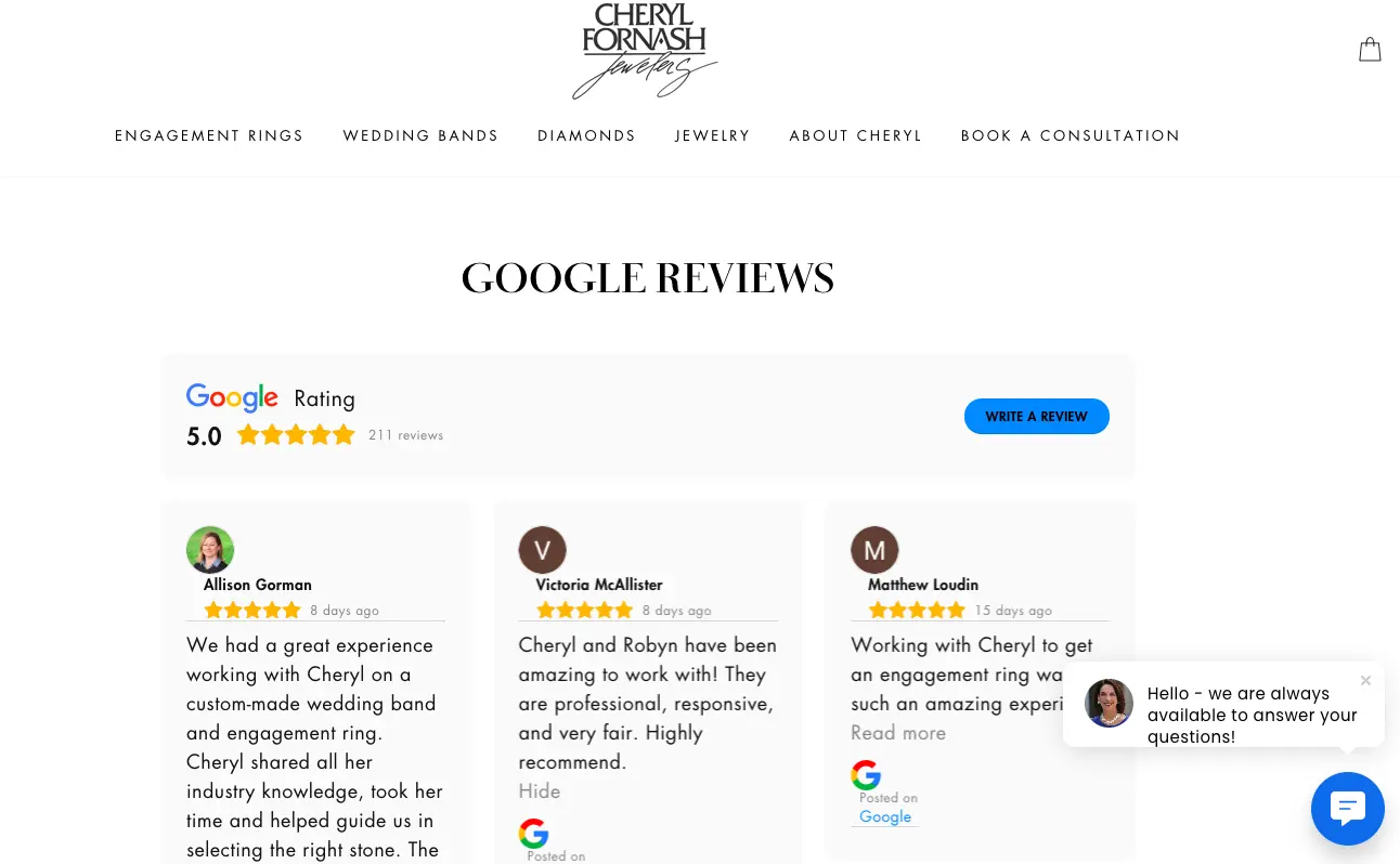 Cheryl Fornash uses reviews for online jewelry marketing