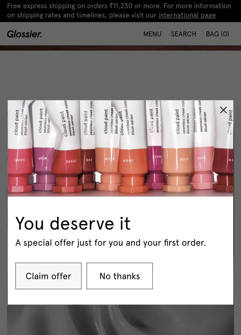 glossier mobile eCommerce UX email signup popup
