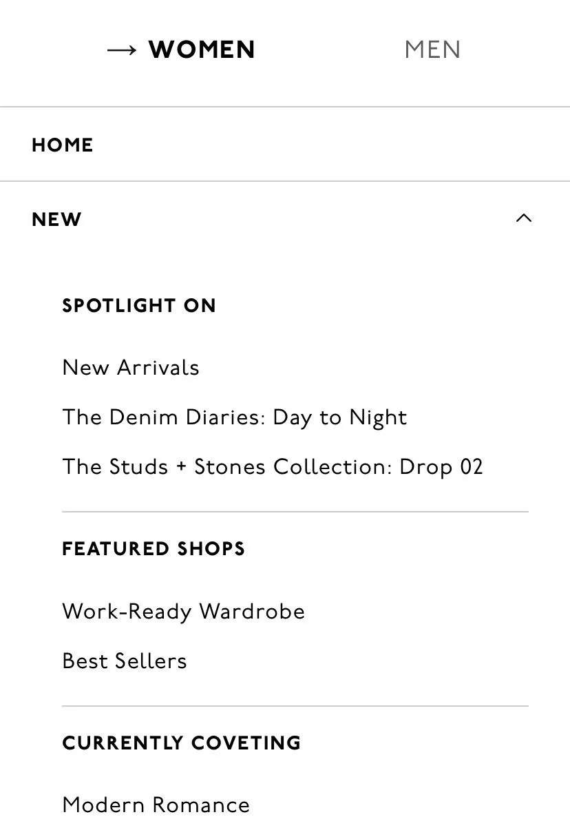 Madewell mobile UX design optimizes how subcategories are highlighted