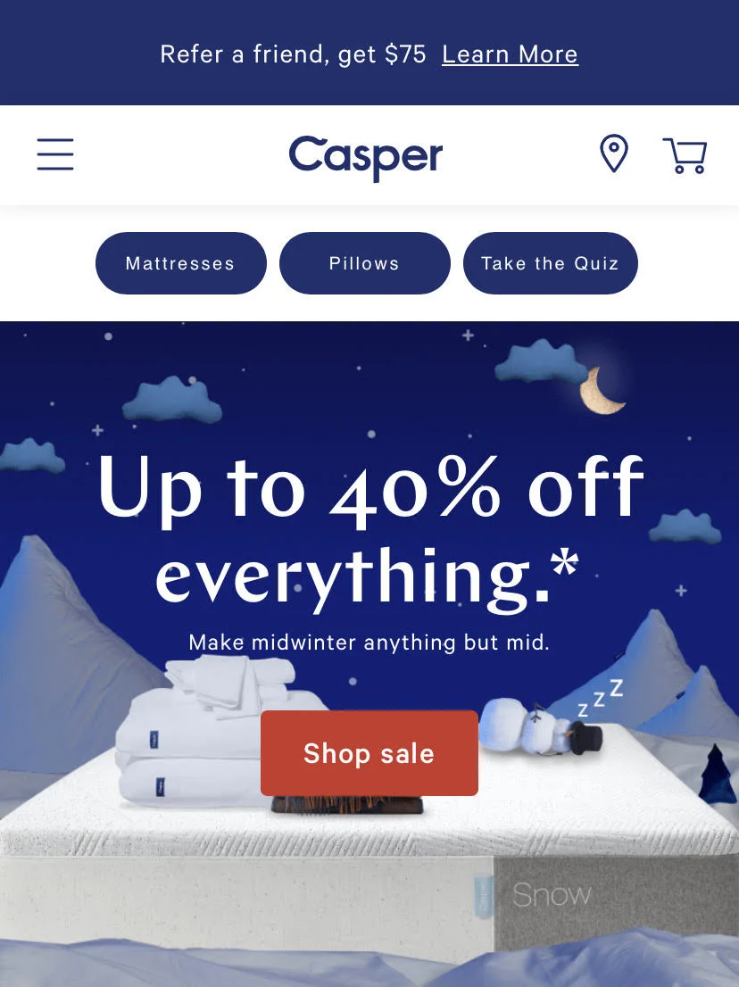 Casper mobile eCommerce website features popular actions as buttons at the top