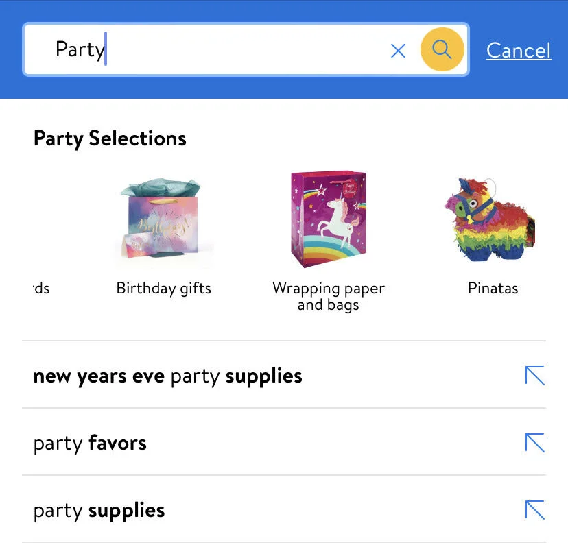 Walmart shows sub-categories for a search query in their mobile eCommerce UX design