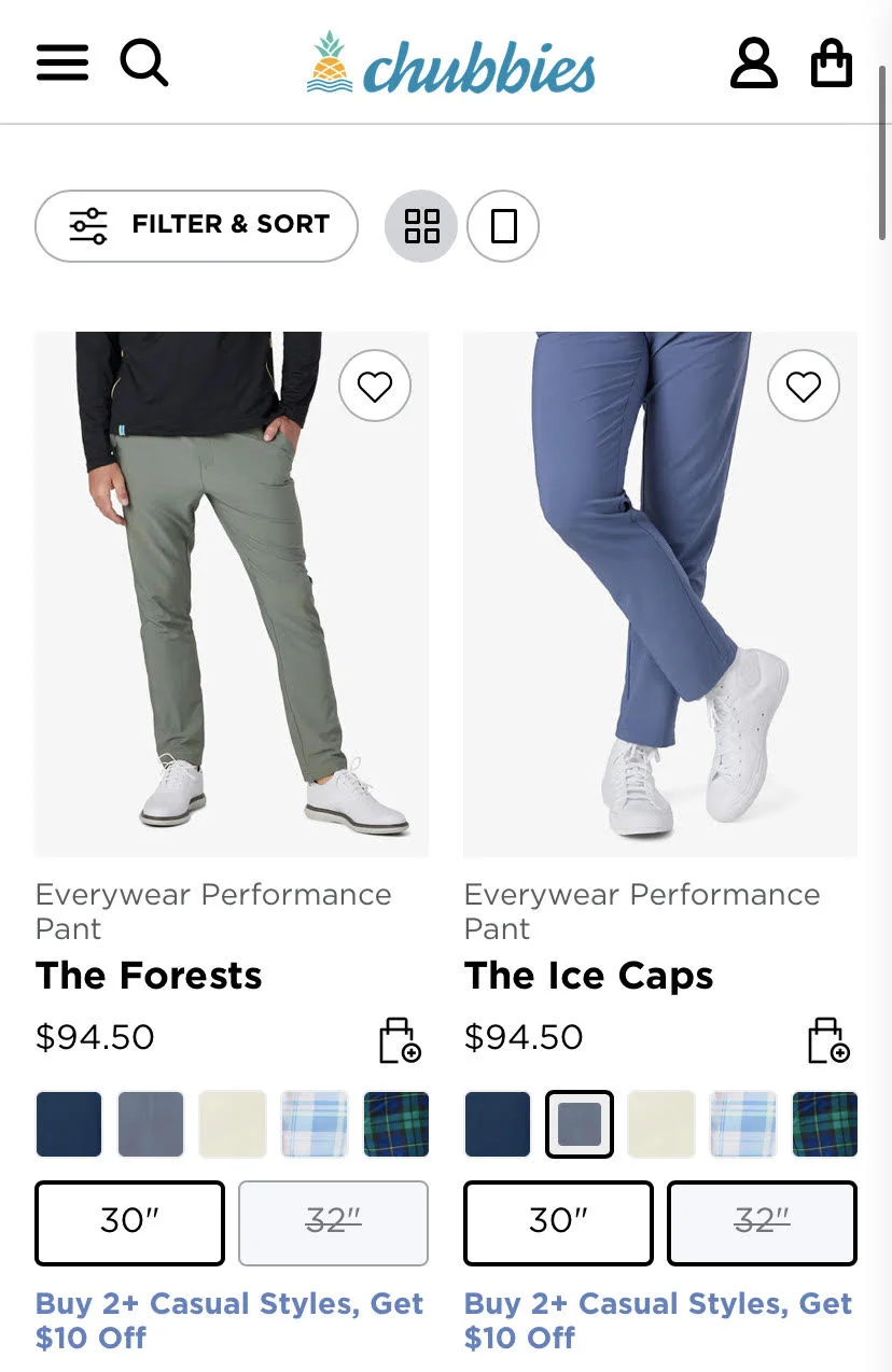 Chubbies mobile UX design makes space for just two products in a row in the category page for a