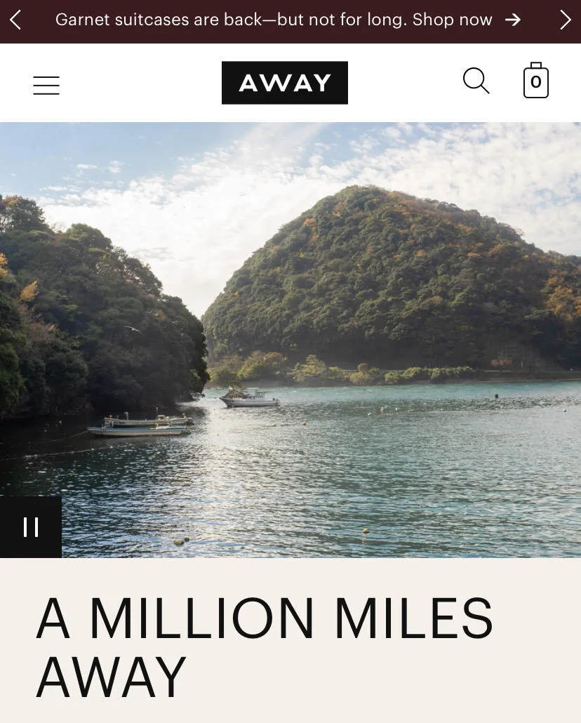 Away mobile eCommerce website allows manual contro,l of their hero section video