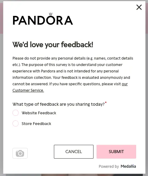 Pandora features a feedback button to reduce jewelry cart abandonment