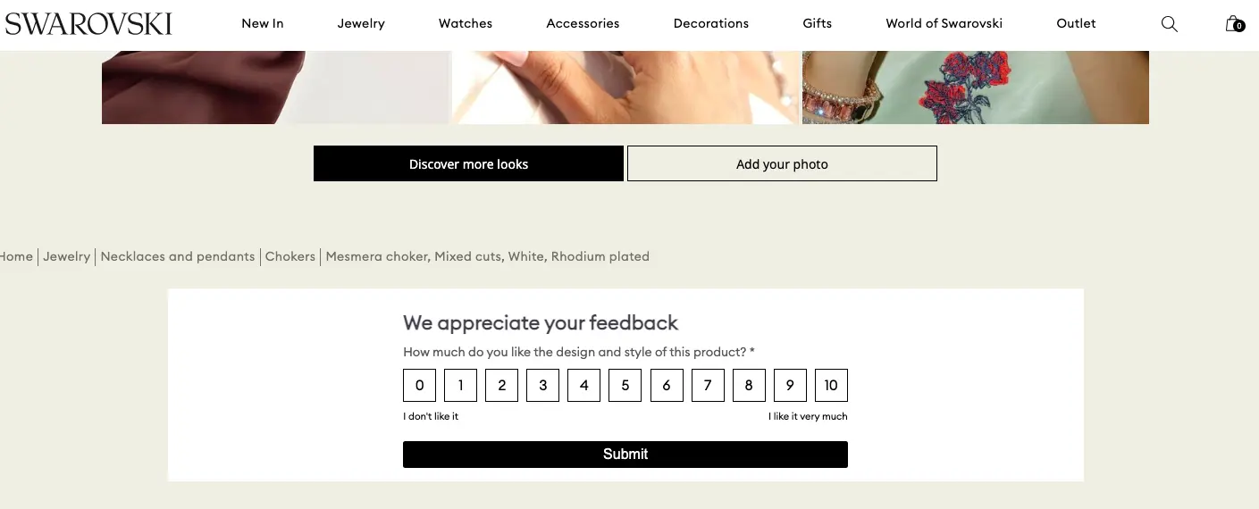 Swaroski showcases a feedback scale at the end of very product page to reduce jewelry cart abandonment