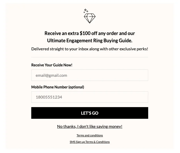 for reducing jewelry cart abandonment Ritani offers a buying guide along with a $ discount