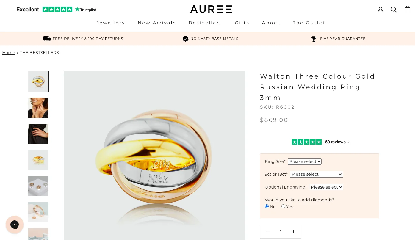 Auree offers and highlights their five year guarantee to reduce jewelry cart abandonment