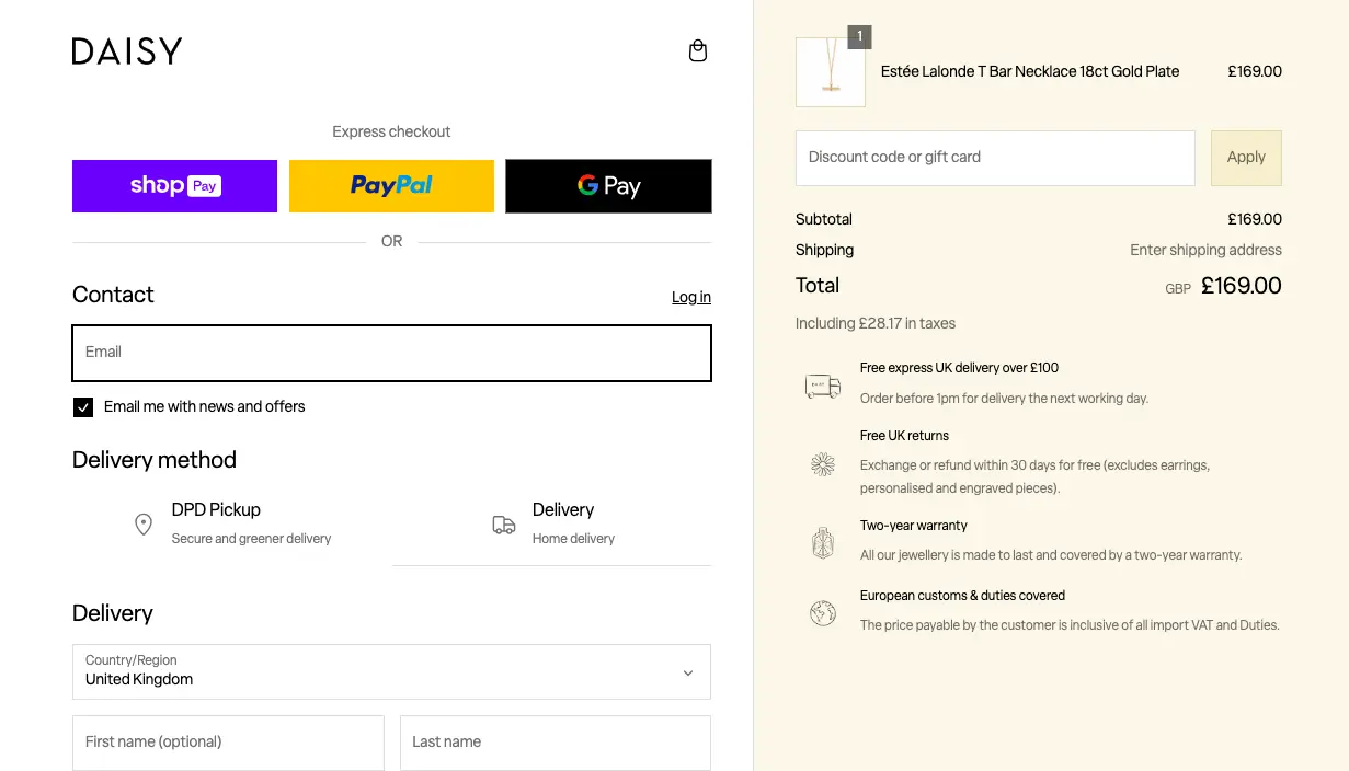 Daisy Jewelry declares all taxes and duties clearly to reduce jewelry cart abandonment
