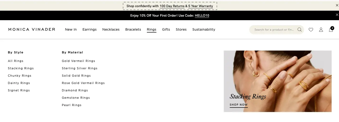 Monica Vinader creates extra assurance for jewelry cart abandoners by highlighting their extended returns window