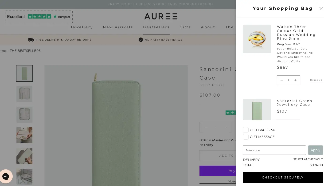 for reducing jewelry cart abandonment Auree showcases their third party review prompt above the fold