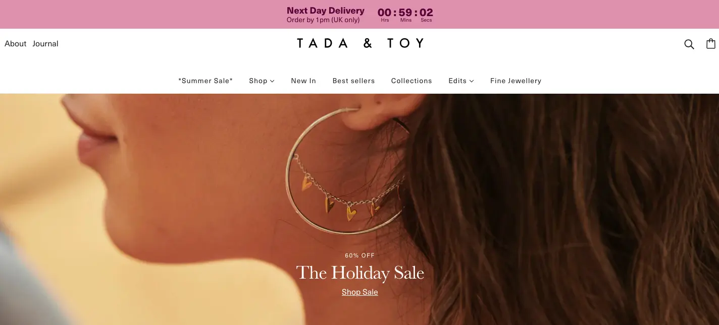 Tada & Toy features a next day delivery prompt along with urgency to reduce jewelry cart abandonment