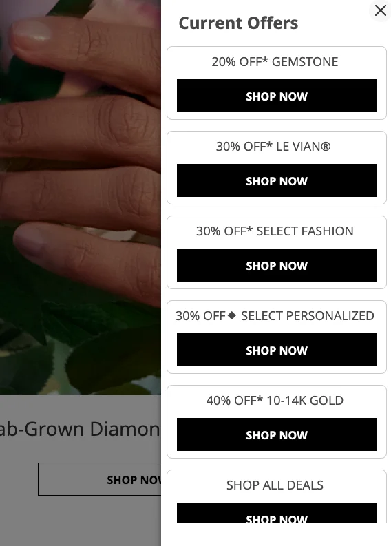 Kay Jewelers shows all relevant offers to draw back jewelry cart abandoners
