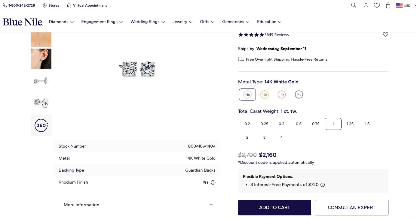 Blue Nile features customer support as a secondary CTA to reduce jewelry cart abandonment