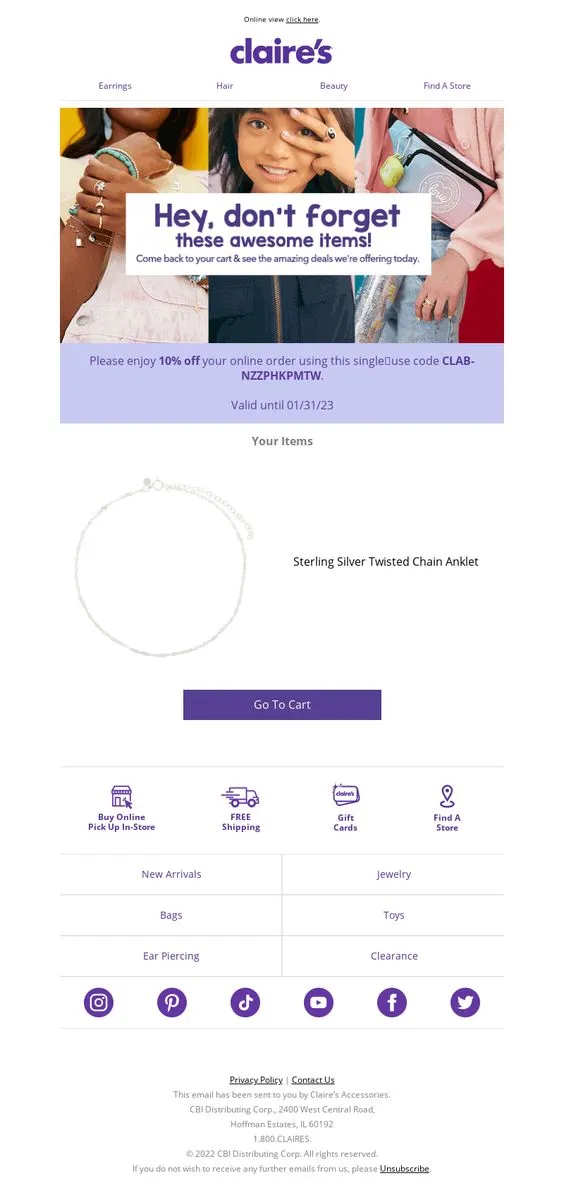 Claire's jewelry cart abandonment email example